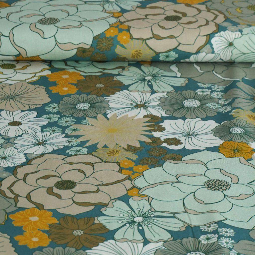 Viskose Druck Retro Blütenmischung petrol mint grün